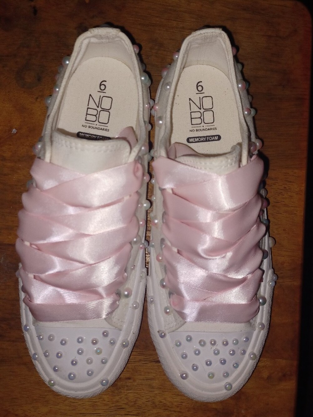 NOBO White Sneakers with Pink Satin Ribbon Laces and Pearl Studs